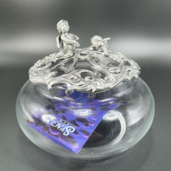 1995 Seagull Canada Pewter Metal Canister Jar Container Lid Clear Glass Marked - Picture 1 of 12